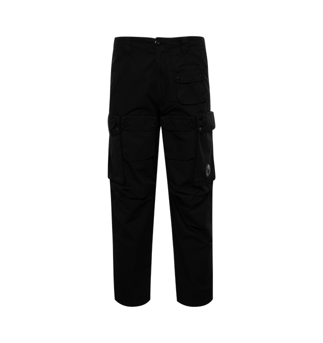 BLACK - C.P. COMPANY Rip-Stop Loose Utility Cargo Pants featuring zip fly and button fastening, reinforced belt loops, slanted hand pockets, single buttoned back pocket, multiple secure leg pockets, lens detail, adjustable leg openings, garment dyed and loose fit. 100% cotton.