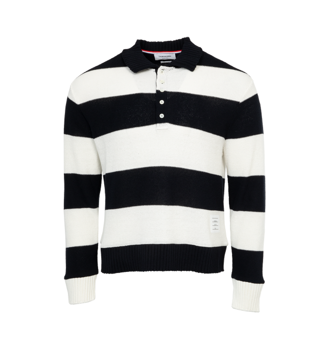 NAVY - THOM BROWNE Stripe Polo Sweater featuring partially button-down, ribbed cuffs and hem, loose fit, slightly stretchy fabric and stripes throughout. 100% cotton.