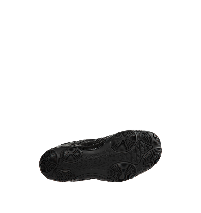 Image 4 of 5 - BLACK - Asics Hypersync Sneakers are inspired by the brand's archived wrestling and track & field footwear, combining heritage design with modern comfort. Featuring a breathable air mesh upper with textured patent leather overlays, decorative stitching, and premium gold logo detailing, these designer sneakers deliver a sleek, low-profile silhouette. Finished with an OrthoLite sockliner for enhanced cushioning, a durable AHARPLUS rubber outsole inspired by the SNAPDOWN wrestling shoe, and a no 