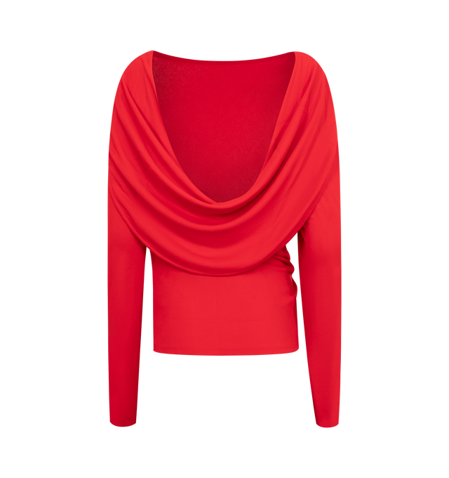 Image 2 of 2 - RED - JACQUEMUS Croisire Top featuring relaxed fit, fluid crepe jersey, boat neckline, long sleeves, draped waist and draped open back. 82% viscose, 18% polyamide. Made in Portugal. 