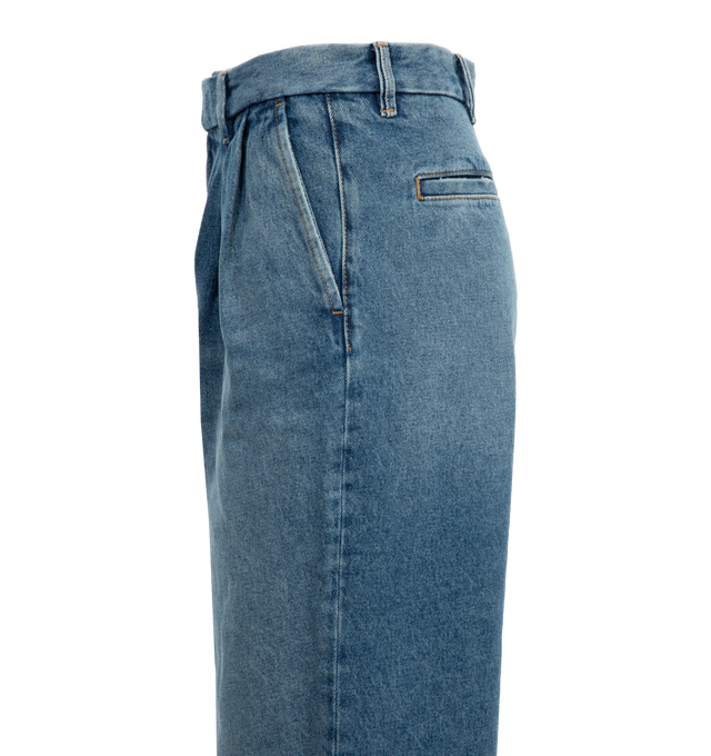 Image 3 of 3 - BLUE - ARMARIUM Giorgia Denim Pants featuring low-rise double pleated pant in cotton denim with wide-leg silhouette, back besom pocket, side seam pockets and inside horn button. 100% cotton. Made in Italy. 