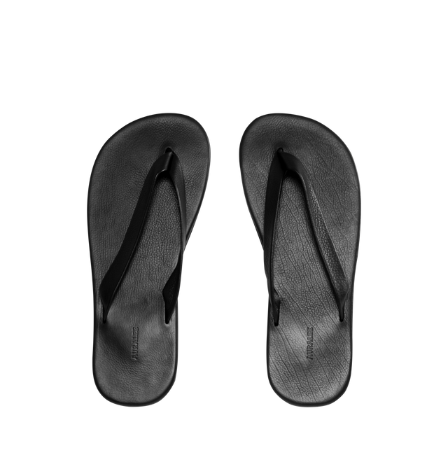 Image 4 of 4 - BLACK - AURALEE Leather Tong Flip-Flops featuring open toe, thong-style strap at vamp, logo embossed at padded leather footbed, stacked leather heel with rubber injection and leather sole. Upper: leather. Sole: leather, rubber.  