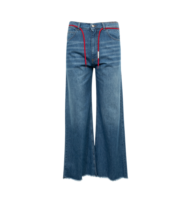 Image 1 of 2 - BLUE - MARNI Wide-Leg Jeans featuring belt loops, five-pocket styling, zip-fly, leather logo patch at back waistband and logo-engraved silver-tone hardware. 100% cotton. Made in Italy. 