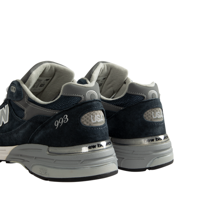 Image 3 of 5 - BLUE - New Balance Men's Made in USA 993 Sneakers feature a mesh upper with premium suede overlays and reflective accents. ABZORB midsole cushioning combines impact absorption with compression resistance, while ACTEVA cushioning provides flexible support. A full-length rubber outsole is finished with Ndurance rubber at the heel for added durability. Upper: Mesh and Pig Suede. Sole: Rubber. Made in USA. 