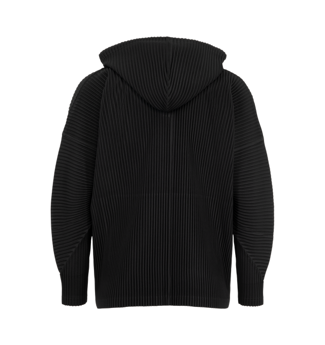 Image 2 of 2 - BLACK - Issey Miyake Men's Black Hoodie, featuring a signature garment-pleated texture, drawstring hood, and front press-stud closure. Composition: Polyester 100%. 