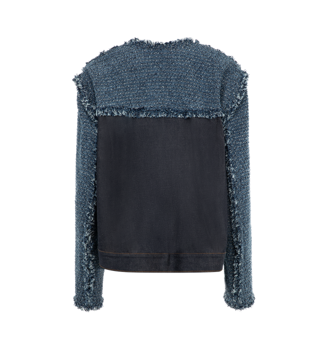 Image 2 of 2 - BLUE - Sacai Women's Punched Denim Jacket featuring 4 flat front pockets and frayed edges. 100% cotton shell with Cupro lining. Made in Japan. 