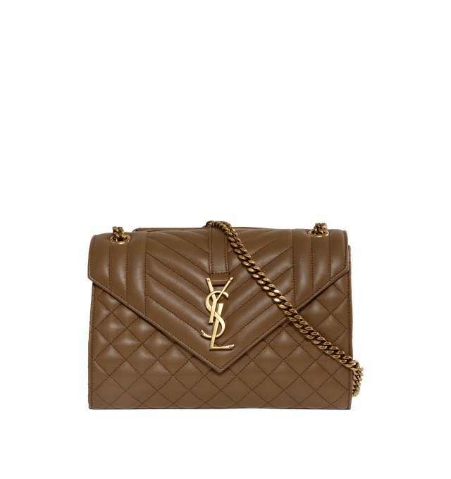 BROWN - SAINT LAURENT Envelope Medium Bag featuring quilted topstitching, sliding leather and chain strap, one flap pocket at back and magnetic snap closure. 9.4 X 6.9 X 2.3 inches. 100% lambskin. Made in Italy. 