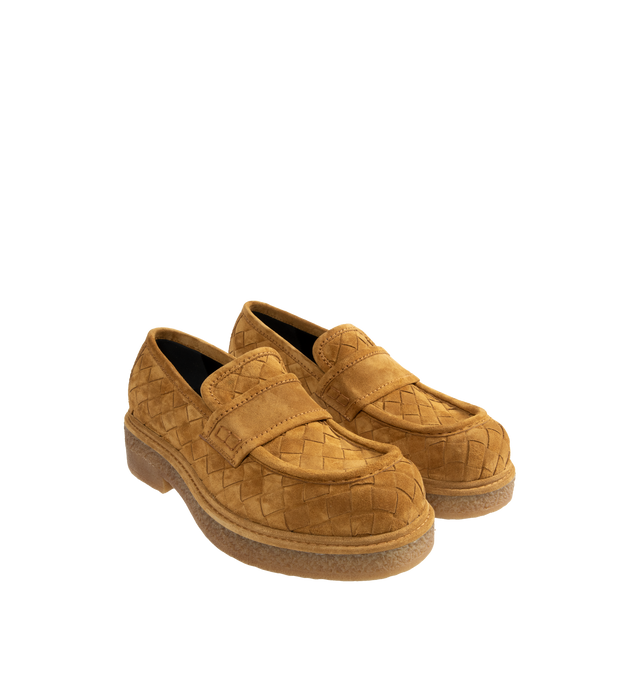 Image 2 of 5 - BROWN - Bottega Veneta Haddock Loafers are a slip-on style with smooth calfskin leahter and Intrecciato details. Rubber outsoles. Made in Italy.  