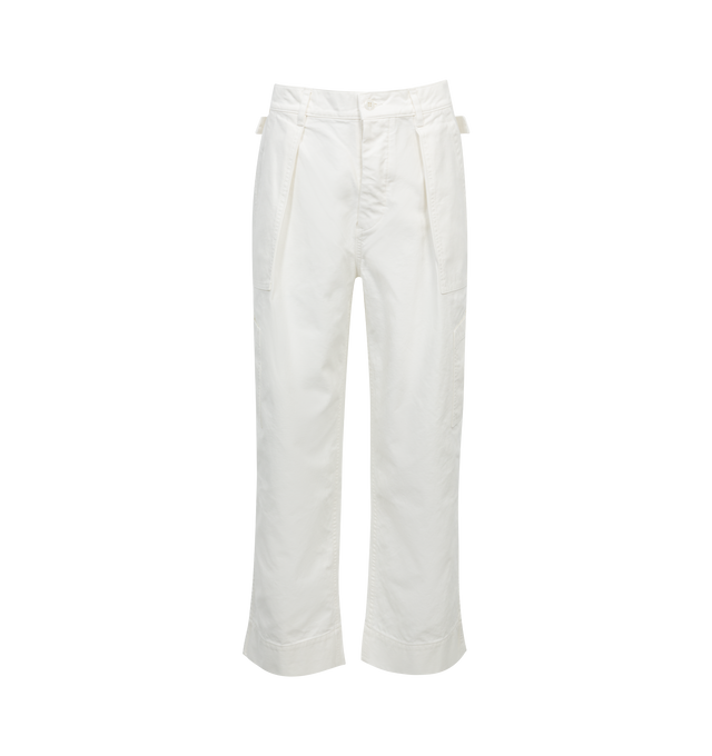 Image 1 of 3 - WHITE - Chimala US Airforce inspired cargo pants featuring six pockets design, front button fastening, adjustable buttoned tabs on the waist and straight, slightly oversize fit. Handmade in Japan. 