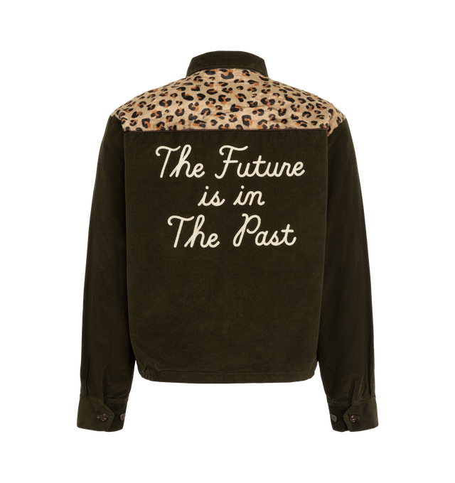 Image 2 of 2 - GREEN - Human Made Men's Leopard Jacket is crafted from cotton corduroy and features a wide, cropped silhouette inspired by vintage rock style. Designed with leopard-print panels in a smooth cotton-rayon pile fabric, this statement zip-up jacket is finished with a lustrous cupro lining, chain-stitched logo graphics at the left chest and back, and heart-shaped buttons at the cuffs. Main Material: Cotton Corduroy. Contrast Panels: Cotton/Rayon Pile Fabric. Lining: Cupro. Fit: Wide, Cropped. Clo 