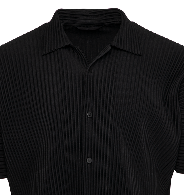BLACK - ISSEY MIYAKE MC May Shirt has a spread collar, front button closure, and short sleeves. 100% polyester knit. 