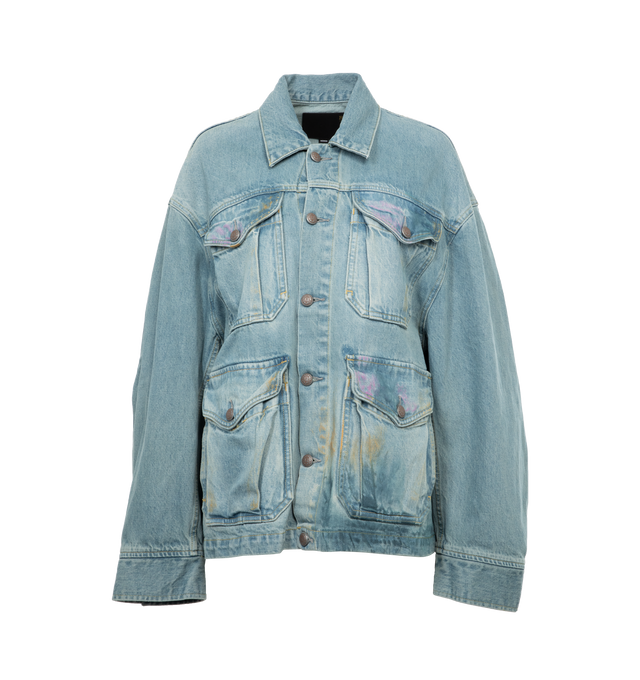 Image 1 of 3 - BLUE - R13 Oversized Trucker Parka featuring front button closure, 4 front patch pockets with button closure, cuffs with button closure, faded and distressed throughout and oversized fit. 100% cotton. Made in Italy.  