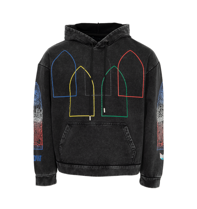 Image 1 of 5 - BLACK - WHO DECIDES WAR Intertwined Windows Hoodie featuring french terry, fading and logo graphics printed throughout, drawstring at hood, kangaroo pocket and dropped shoulders. 100% cotton. Made in China. 