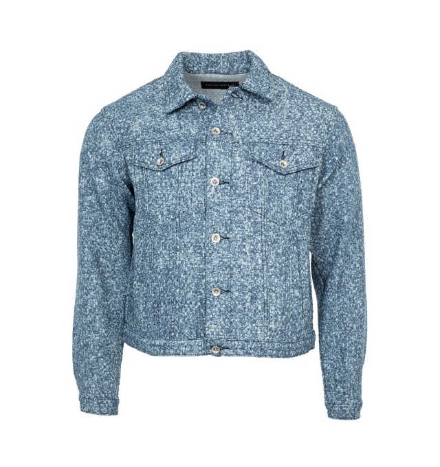 Image 1 of 4 - BLUE - WHO DECIDES WAR Trucker Jacket featuring spread collar, long sleeves, barrel cuffs, chest button-through flap pockets, side welt pockets and button-front closure. 100% cotton. 