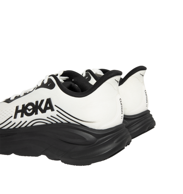 Image 3 of 5 - BLACK - Hoka Mens Clifton 11 Running Shoes feature an engineered mesh upper with reflective details and 3D-printed overlays. Designed with a CMEVA midsole, Rearfoot-Focused Active Foot Frame, MetaRocker geometry, open-cell sockliner, double-lace lock system, and Durabrasion rubber outsole for lightweight cushioning, stability, and everyday road running. Upper: Engineered Mesh; Midsole: CMEVA; Outsole: Durabrasion Rubber. Imported. 