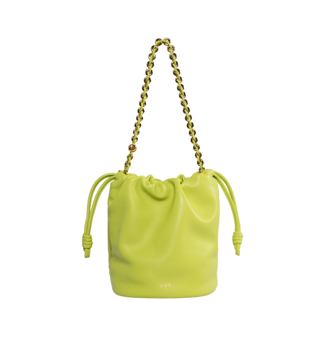 Image 1 of 3 - GREEN - Loewe Paula's Ibiza Flamenco Purse crafted in mellow nappa lambskin in a ruched design with signature knots at the sides in a new everyday size that can be worn over the shoulder using the donut chain or crossbody with the accompanying leather strap. Featuring detachable and adjustable leather strap for shoulder, crossbody or hand carry and detachable donut chain adorned with Anagram engraved Pebble. Discreet magnetic closure, suede lining and embossed LOEWE. Height (inch): 9.4 X Widt 