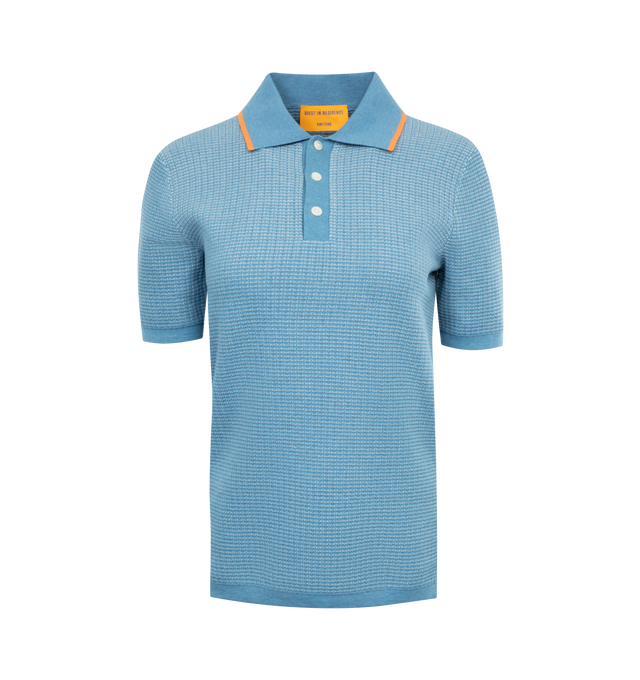 BLUE - GUEST IN RESIDENCE Textured Polo featuring three button placket, short sleeves, two toned textured stripes and polo collar with contrast color tipping. 100% cotton. 