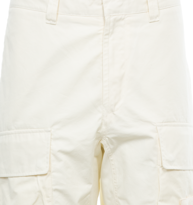 Image 4 of 4 - WHITE - STONE ISLAND Ghost Loose Pant featuring front zipper and button closure, elasticated waistband in back panel, waistband loops, two side slit pockets, flap patch pocket on back, two cargo pockets on front with iconic brand monogram patch applied, monochrome pattern and regular fit. 97% cotton, 3% elastane. Made in Italy. 
