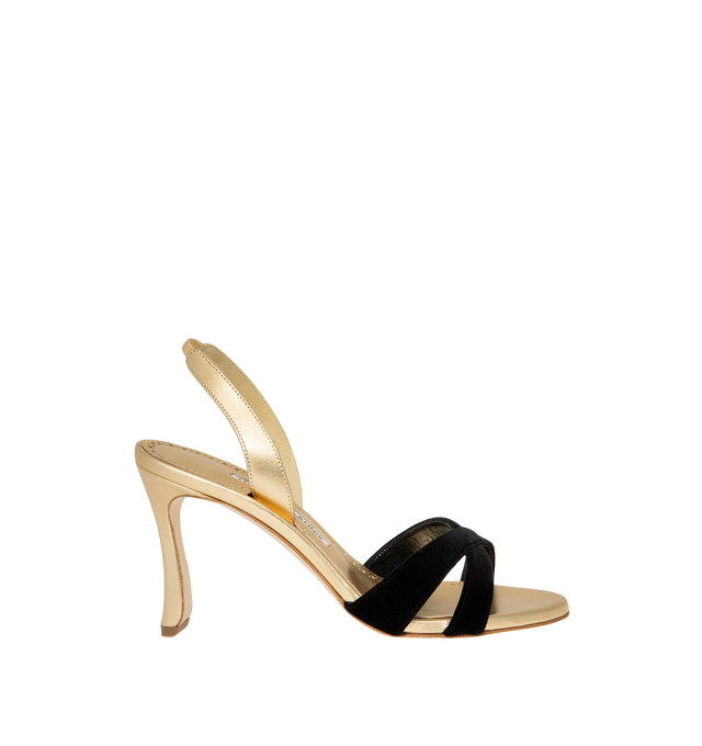 Image 1 of 4 - GOLD - Manolo Blahnik Womens Callasli 90 Slingback Sandals are crafted from nappa leather. Feature an open toe, crossover straps, slingback strap, stiletto heel, kid leather lining, and calf leather sole. Heel Height: 9 cm. Main Material: Nappa Leather; Lining: Kid Leather; Sole: Calf Leather. Made in Italy. 