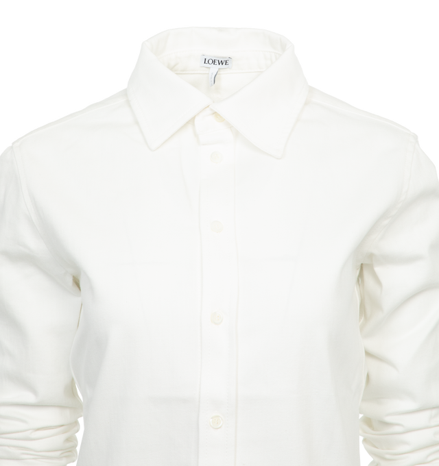 Image 3 of 4 - WHITE - Loewe Bow Shirt crafted in lightweight cotton denim in a regular fit and length. Featuring a removable lavallire bow, classic collar, button cuffs, button front fastening and curved hem. Cotton. Made in Italy. 