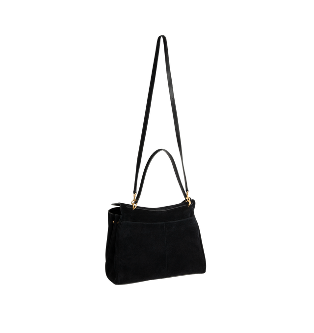 Image 2 of 4 - BLACK - Balenciaga Rodeo Handbag Medium is crafted from suede calfskin and smooth calfskin leather and features a structured yet relaxed silhouette with a top handle and removable shoulder strap. Designed with a turn-lock closure, aged-gold hardware, a removable cloche cls, a wide front pocket, and multiple interior compartments, the bag offers versatile carry options and everyday functionality. Main Material: Calfskin Leather. Lining: Nappa Lambskin. Made in Italy. 