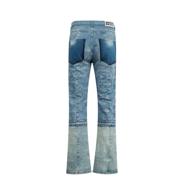 Image 2 of 3 - BLUE - WHO DECIDES WAR Maratre Denim featuring a slim straight fit, 4 pocket style, embellished with signature who decides war embroidery DTG and a permanent crease. 100% cotton. 