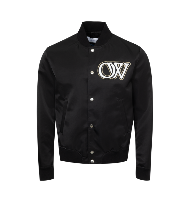 BLACK - OFF-WHITE NYL Varsity Bomber Jacket featuring ribbed collar, cuffs and hem, button front closure, logo on front and graphic on back. 100% polyamide. Made in Italy.