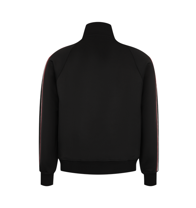 Image 2 of 3 - BLACK - Saint Laurent Mens Tracksuit Jacket is crafted from a viscose blend. Features a stand collar, front Cassandre zip closure, raglan sleeves with contrast piping, front welt pockets, and ribbed cuffs and hem. Main Material: Viscose, Polyamide, Elastane. Made in Italy. 
