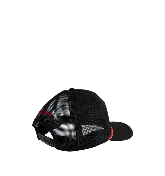 Image 2 of 2 - BLACK - Palm Angels Moneygram Haas F1 Edition Embroidered Cap. Paneled cotton twill and mesh cap with racing flag logo graphic embroidered at face, curved brim, text embroidered at back face and snapback strap at back. 