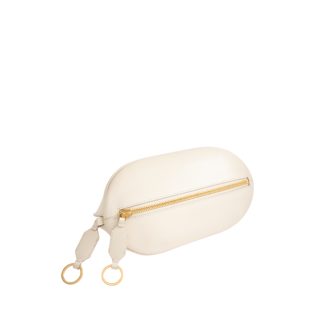Image 3 of 4 - WHITE - BALENCIAGA Bolero Bowling Bag Mini featuring smooth calfskin, two handles with Bolero B logo, adjustable and removable strap, shoulder, crossbody and hand carry, aged-gold hardware, zipped closure with leather pull tab and ring, zipped pocket on the bottom with leather pull tab and ring, 1 main compartment and contrasting nappa lambskin lining. 11.8" x 5.1" x 6.3". Calfskin. Made in Italy. 