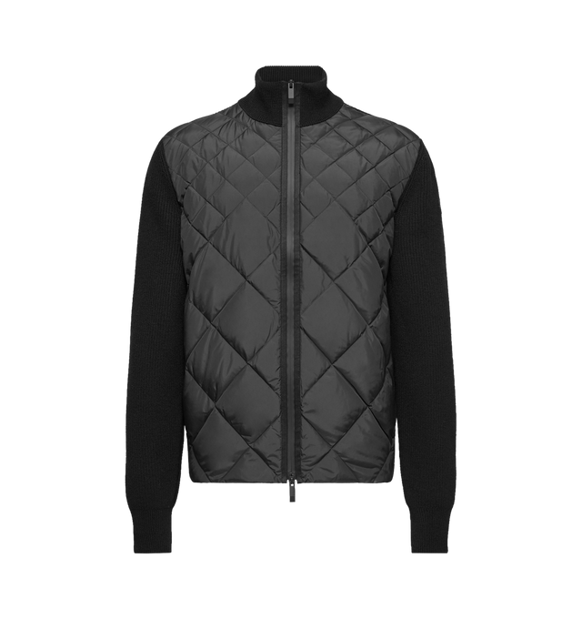 Image 1 of 2 - BLACK - MONCLER Padded Cardigan featuring ribbed collar, long sleeves, front zip closure, quilted padding, ribbed exterior and partially lined. 100% polyester. 100% virgin wool. 