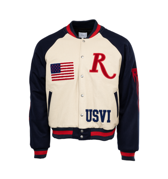 WHITE - RHUDE St. Croix Varsity Jacket featuring baseball collar, long sleeves, side slant pockets, rib-knit trim, snap-front and patches throughout. 90% wool, 10% nylon.