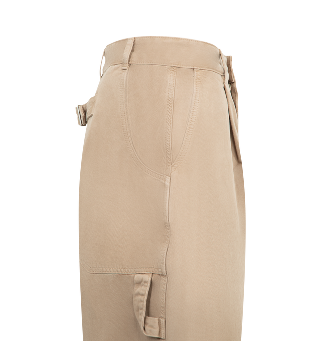 Image 3 of 3 - BROWN - Studio Nicholson pleated denim pants crafted from a rigid 13oz Italian denim with a strong salt and pepper grain and tobacco thread at the seams. Utilitarian, carpenter-style jeans in a very full cut with deep pleats and a curved leg shape. Featuring zip fly with button closure, back cinch and wide cuff. 100% cotton. 