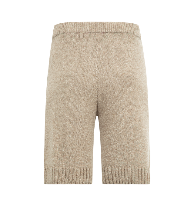 Image 2 of 3 - BROWN - AURALEE Cashmere Silk Melange Knit Shorts featuring elastic waist with concealed drawstring, ribbed waist and hem, side pockets, relaxed fit and knee length. 52% cashmere, 48% silk. 