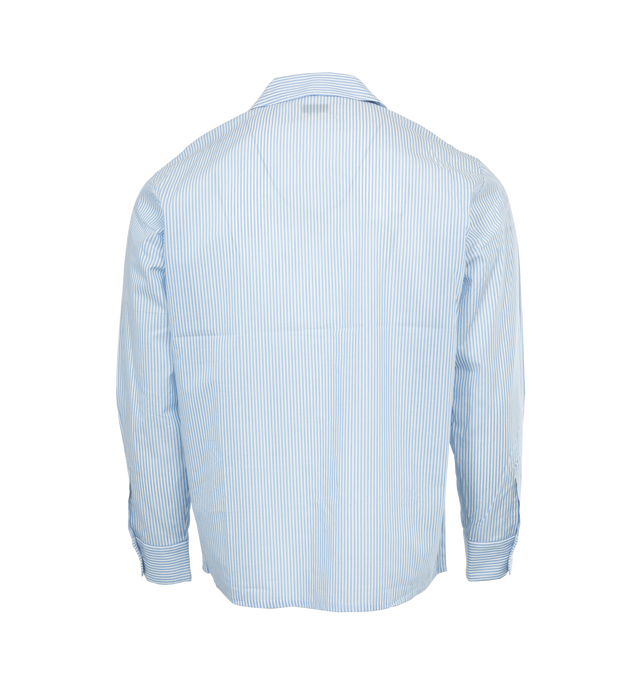 Image 2 of 3 - BLUE - SECOND LAYER Relaxed Long Sleeve Shirt featuring classic front button closure, oversized fit, pearl buttons and tonal pin stitch detailing along the collar and cuffs. Poly/rayon blend. 