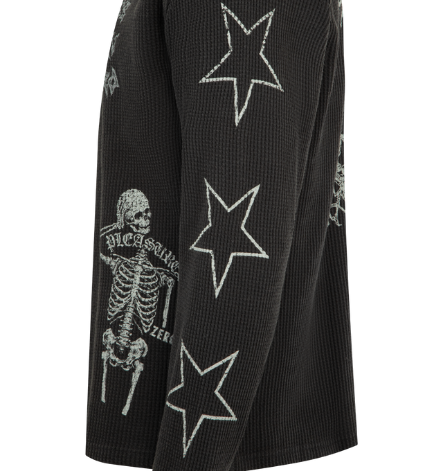 Image 3 of 3 - BLACK - PLEASURES Misled Thermal L/S Tee featuring waffle-knit fabric, printed graphics on front and back, long sleeves and printed stars on sleeves. 100% cotton. 
