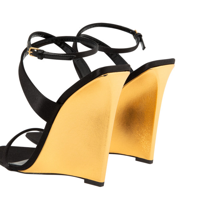 Image 3 of 4 - BLACK - Saint Laurent Women's Wedge Sandals with a leather upper, sole, footbed and lining featuring ankle buckle closure, pointed toe, and 4.3 inch wedge heel. Made in Italy. 