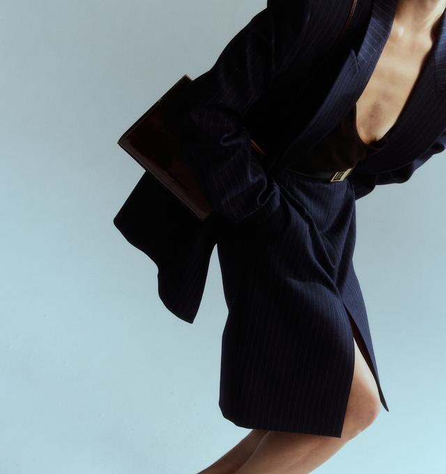 Image 5 of 5 - BLUE - SAINT LAURENT Metallic Pinstripe Wool Blend Skirt featuring slim-fitting knee-length silhouette, back zip closure, front slit and lined. 98% wool, 1% metallic fibers, 1% polyester. 