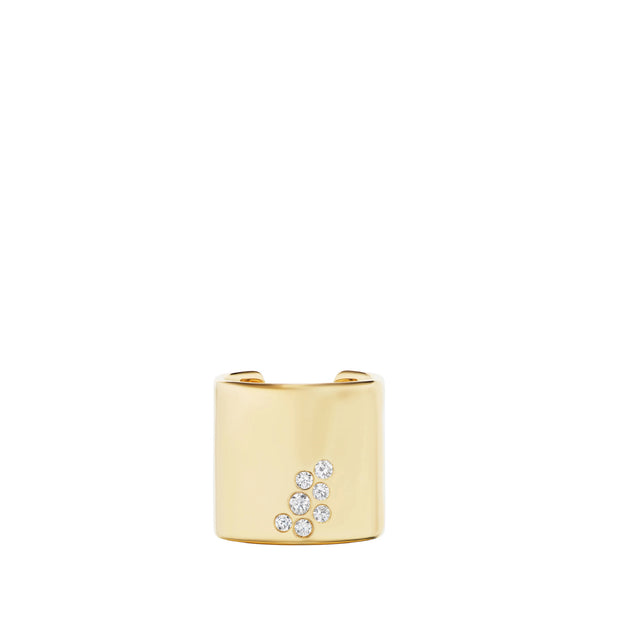 Image 1 of 1 - GOLD - Uniform Object Stoned Cuff Ring featuring 18.33 g of solid 18K yellow gold with a 0.43 TCW round diamond cluster. Dimensions: 2.33 mm band width; 20 mm length. Handcrafted in New York City. Hirshleifers offers a range of pieces from this collection in-store. For personal consultation and detailed information about jewelry, please contact our dedicated stylist team at personalshopping@hirshleifers.com. 