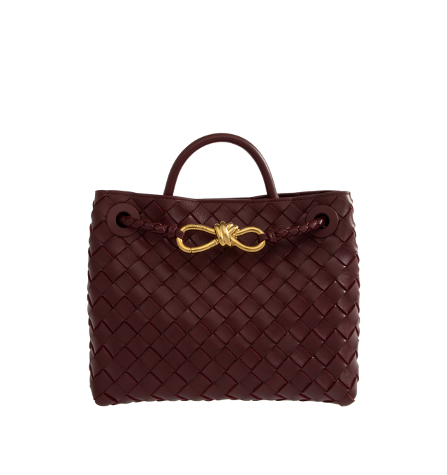 Image 1 of 4 - BROWN - BOTTEGA VENETA Small Andiamo handbag featuring intrecciato leather with leather top handle, sliding cross-body strap, compartmented interior with one zippered pocket, two open pockets and magnetic closure. 7.9" x 9.8" x 3.9". 100% lambskin. Made in Italy. 