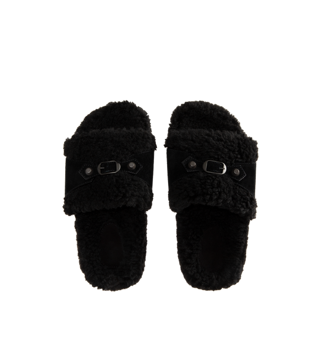 Image 4 of 4 - BLACK - BALENCIAGA Furry Open Mule Slide featuring polyester, wool and calfskin, open mule, studs and buckle on the upper, tone-on-tone sole and black outsole. Upper: calfskin, polyester, wool. Sole: TPU. Insole: polyester, wool. Made in Italy. 