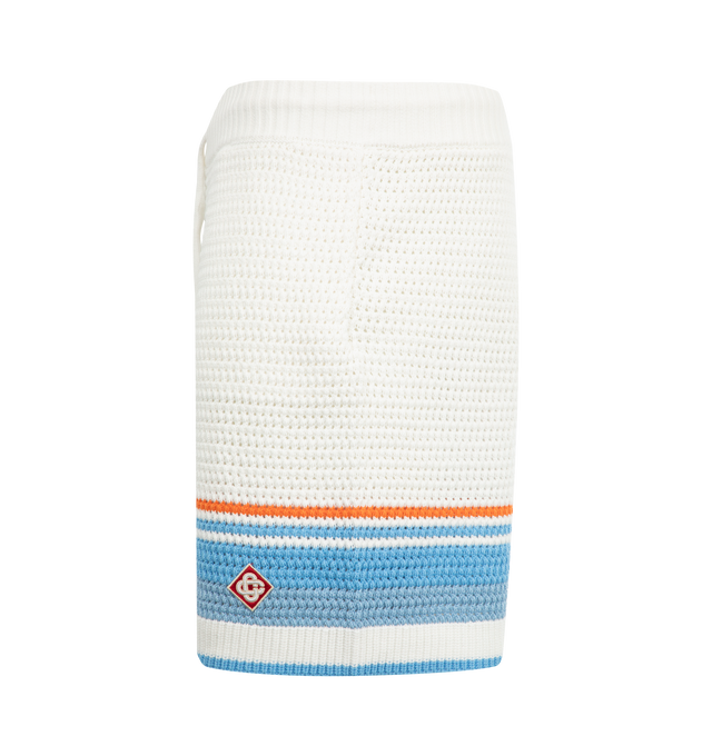 Image 3 of 3 - WHITE - CASABLANCA Tennis Crochet Shorts featuring crochet cotton fabric, relaxed fit, diamond logo, an elasticised waistband, in-seam pockets, and striped hem detail. 100% cotton. Made in China. 