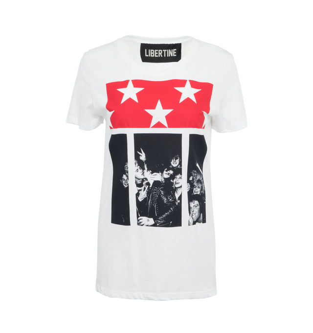 Image 1 of 2 - WHITE - LIBERTINE Punk Rock Flag T-Shirt featuring short sleeves, crew neck, fitted and hand silk screen printed. 100% cotton. Made in USA. 