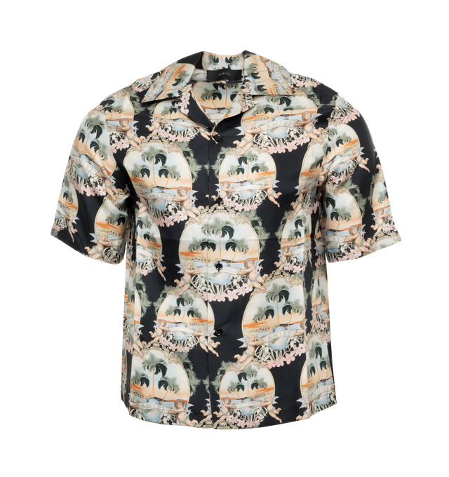 Image 1 of 3 - BLACK - AMIRI All Over Palm Bowling Shirt featuring all-over angels landscape print, notched collar, short sleeves, unlined, straight hem and front button fastening. 100% silk.