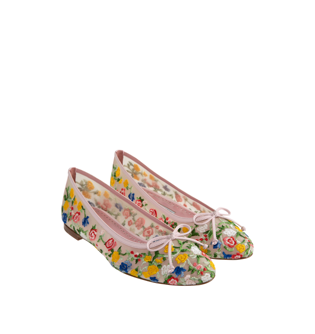 Image 2 of 4 - MULTI - Manolo Blahnik Verdino Mesh Floral Embroidered Ballerina Flats crafted with 100% mesh upper, 100% calf leather sole, 100% kid leather lining. Heel measures 10 mm. Made in Italy. 