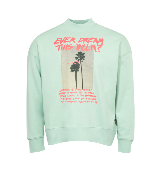 Image 1 of 2 - GREEN - PALM ANGELS Crewneck mint green sweatshirt with fuchsia Palm Dreams graphic printed on the front. 100% cotton.  