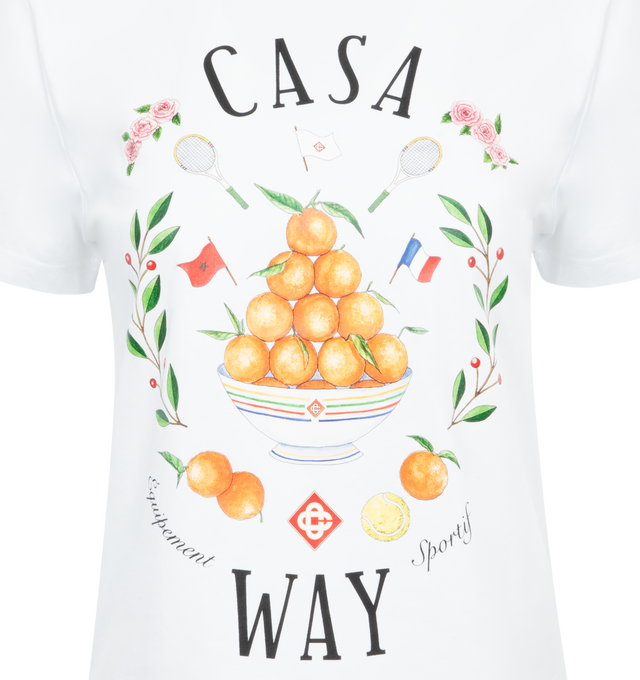 WHITE - CASABLANCA Casa Way Printed Fitted T-Shirt featuring casa way motif on the front, crew neckline, short sleeves, fitted and pullover style. 100% organic cotton. Made in Portugal.