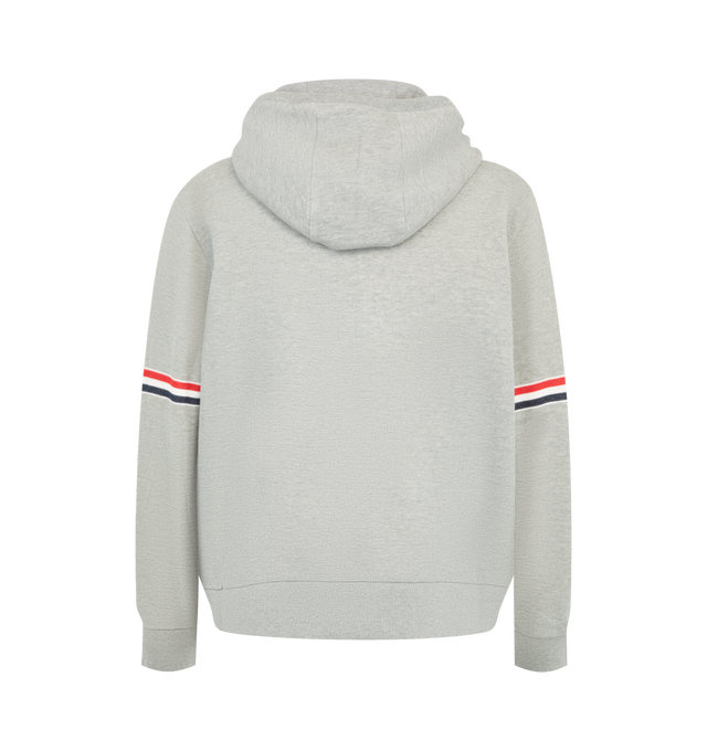 Image 2 of 2 - GREY - Thom Browne Men's Piqu Loopback Zip-Through Hoodie is crafted from cotton and features signature red, white, and blue striped grosgrain armbands. A drawstring hood, two-way front zip closure, side slip pockets, buttoned cuffs with striped grosgrain trim, and a signature grosgrain loop tab complete the design. Main Material: 100% Cotton. Made in Italy. 