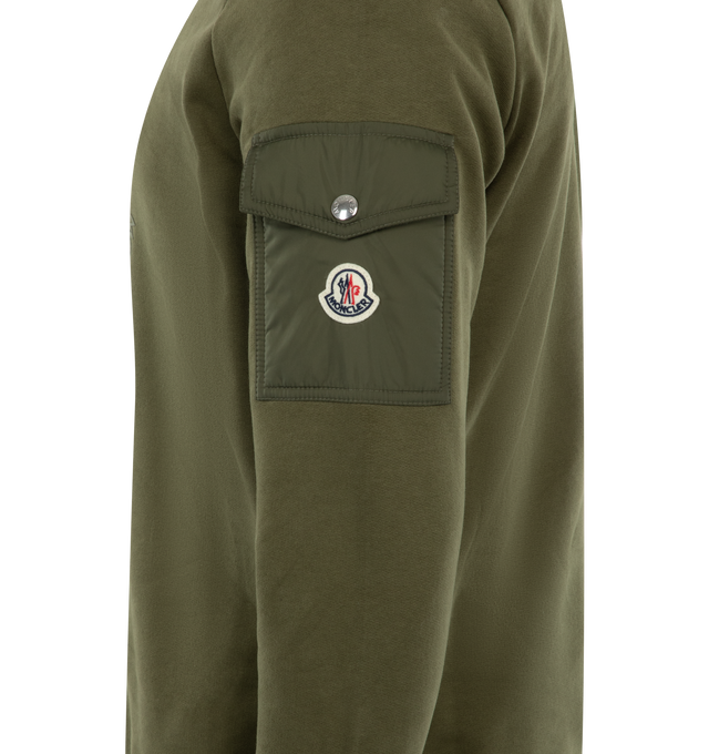 Image 3 of 3 - GREEN - MONCLER Logo Sweatshirt featuring embroidered logo on chest, pocket on sleeve with logo, long-sleeves, crew neck and ribbed cuffs. 100% cotton. 