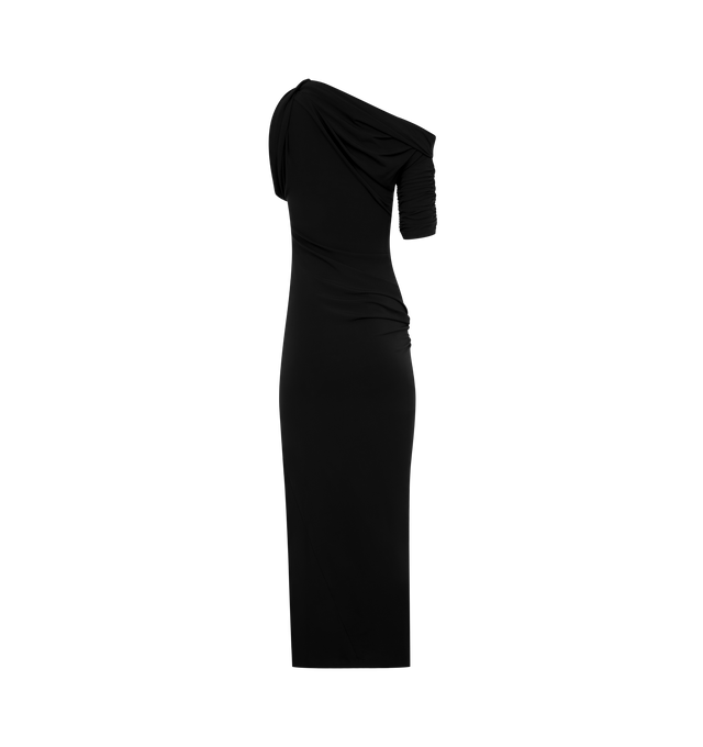 Image 2 of 2 - BLACK - Jacquemus Draped, fitted midi length dress crafted from fluid jersey featuring a draped asymmetric boat neckline, knotted neckline detail on left shoulder, gathered elbow-length sleeve on right side, and pleated detail on side hip. 71% Viscose - 21% Polyester - 8% Elastane. Made in Portugal. 